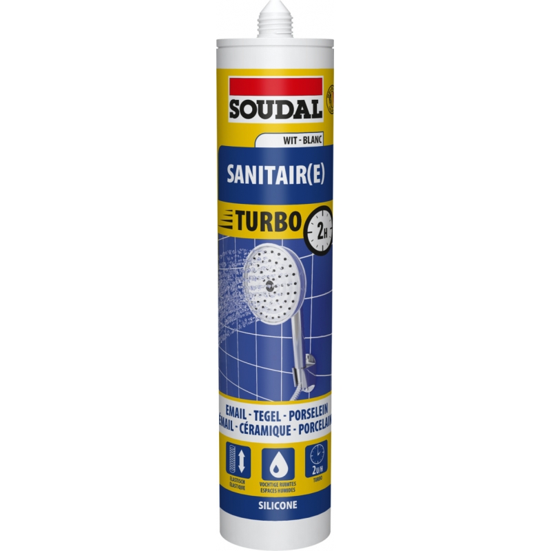 SOUDAL SANITAIRE SILICONE TURBO WIT - EMAILLE, TEGELS EN PORSELEIN - 2U - 290ML